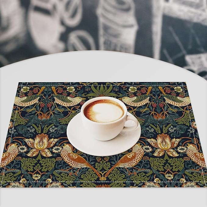 William Morris Floral Placemats Set of 4, Vintage Flower Strawberry Birds Green Place Mats, Heat Resistant Non Slip Cotton Linen Dining Table Mats for Home Kitchen Party 18x12 Inch
