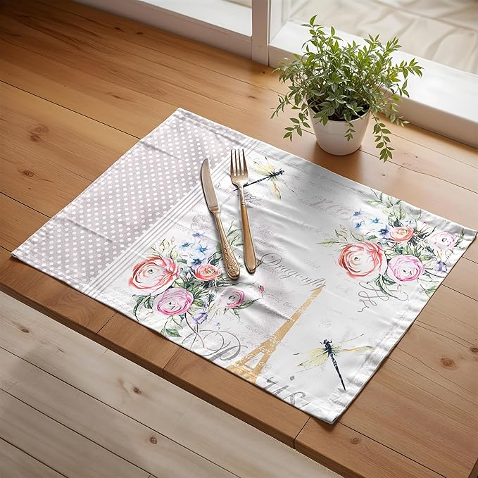 Maison d' Hermine Placemats Set of 2 100% Cotton Washable Cloth Place Mats, Reusable Table Mats for Kitchen Dining Decoration, Party, Wedding, Restaurant Spring/Summer (Champ De Mars, 13" x 19")