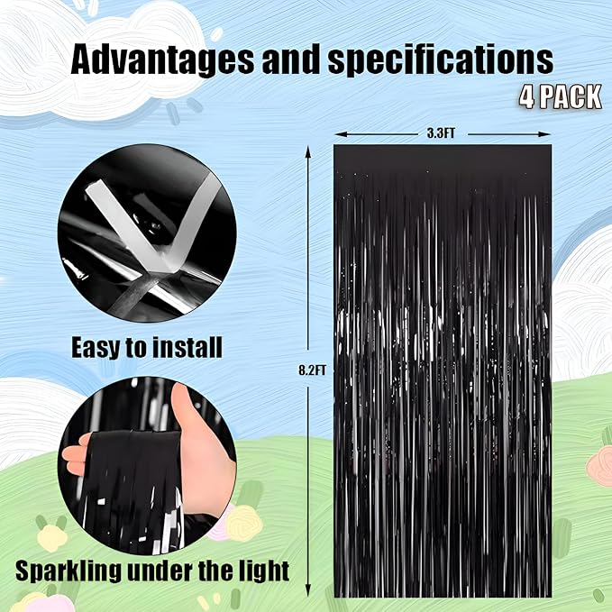 Keyali 4 Pack 3.3 * 8.3 ft Foil Curtain Metallic Tinsel Fringe Curtains Photo Booth Props Backdrop for Birthday Wedding Engagement Baby Shower Christmas Holiday Celebration Partyl,Black