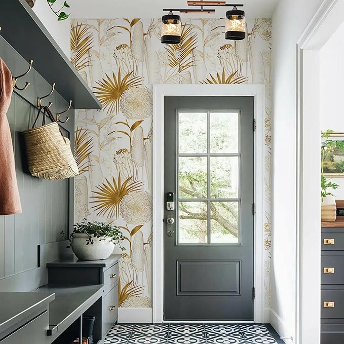Gold/White Chrysanthemum Floral Peel and Stick Wallpaper - Tropical Palm Leaf Vintage Floral Contact Paper - Removable Wallpaper Vinyl Self Adhesive for Living Room Bedroom Shelf - 236.2"x17.71"