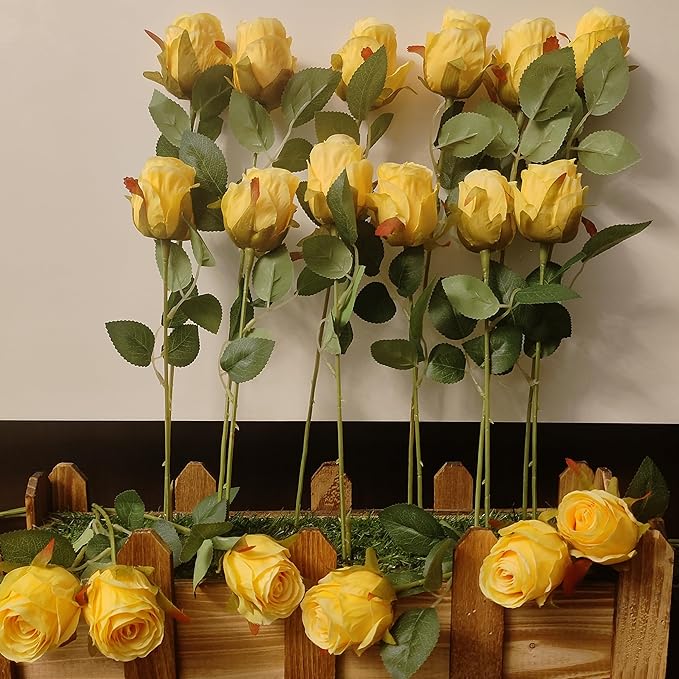 Artificial Roses 10 Pcs - Lifelike Single Stem Fake Roses with Natural Petal Texture,Fade-Resistant Silk Flowers for Wedding Decor,Home Vase Arrangements,Party Centerpieces(10, Yellow)