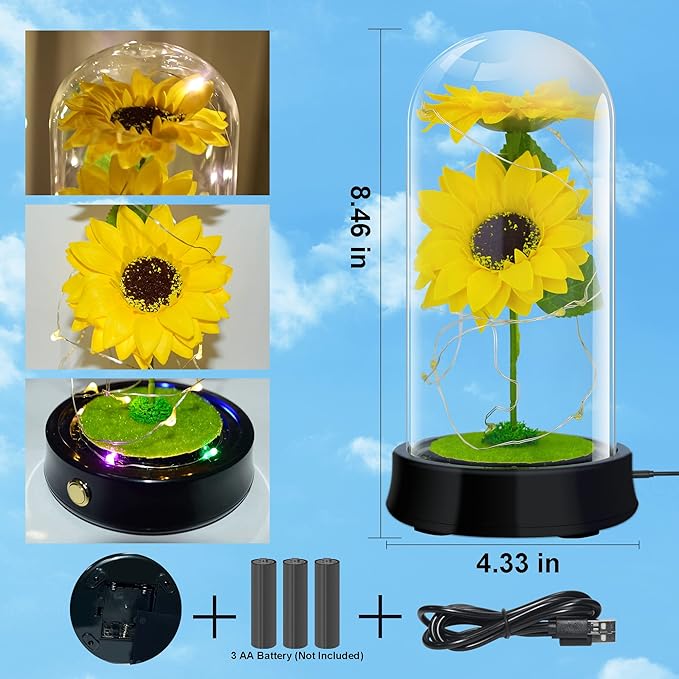 QUELIEN Christmas Sunflowers Gifts for Women,Preserved Sunflower Bouquet in Glass Dome,Girasoles para Regalo,Forever Sunflower Home Decor,Mom Birthday Gift