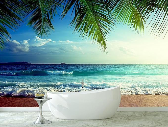 WFBHUA-Beach Wallpaper Mural Peel and Stick Tropical Sunset Ocean Waves Self Adhesive Wall Mural for Bathroom Bedroom 82"x57"
