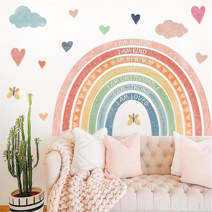 Large Rainbow Wall Stickers Kids Inspirational Wall Decal Peel and Stick Boho Rainbow Walls Decals for Baby Girls Bedroom Pastel I Am Motivational Art Mural for Nursery Playroom Decor 44.5"x73.4"