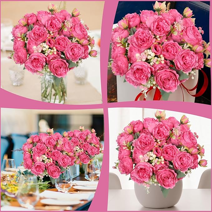 6 Pcs Peonies Artificial Flowers Bulk, Blush Pink Silk Peonies Fake Bouquet for Floral Centerpieces, Red Realistic Faux Peony Flower for Flower Arrangements Wedding Decoration vase