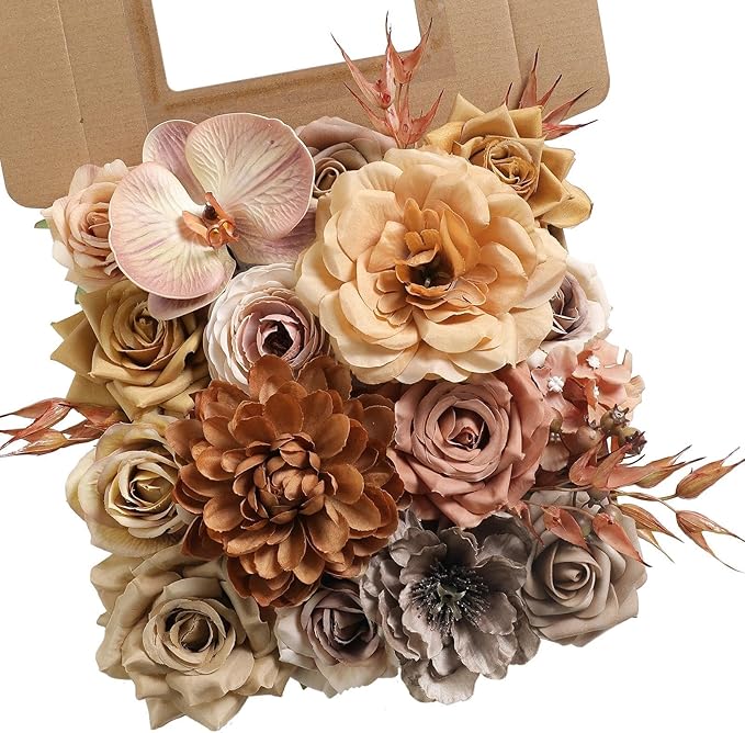 Coffee Artificial Flowers Combo Brown Silk Flowers Fake Roses Dahlia with Stems for DIY Wedding Bridal Bouquets,Table Centerpieces,Cake Floral Arrangement,Baby Shower,Birthday Home Decor