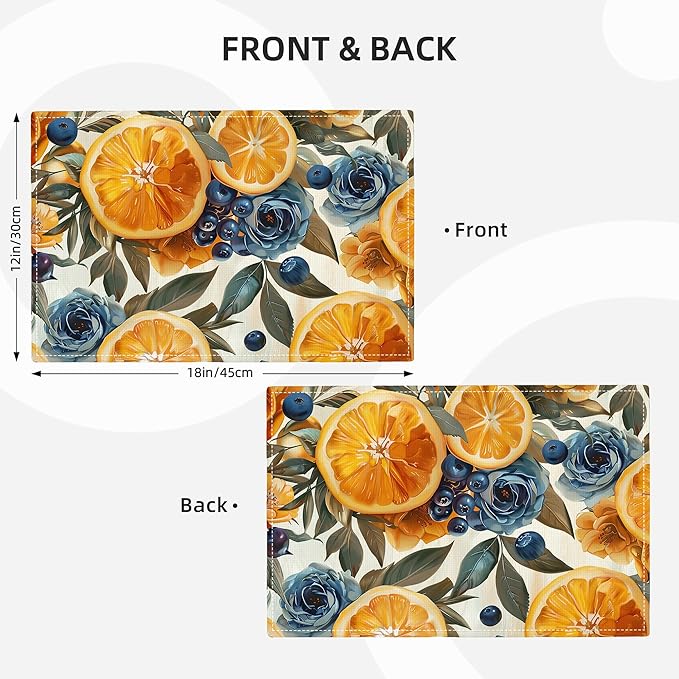 Orange Placemats Set of 4 Fruit Blueberry Rose Leaf Table Mats Washable Place Mats for Home Party Indoor Kitchen Dining Table Decoration 12x18 Inch