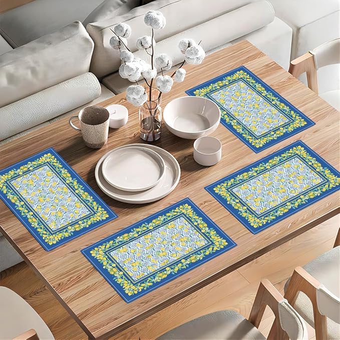 Lemon Placemats Set of 4, Farmhouse Blue Yellow Fruits Spring Summer Double-Sided Table Mats for Kitchen Dining Room Home Party Indoor Decor 4 PCS 12x18 Inch