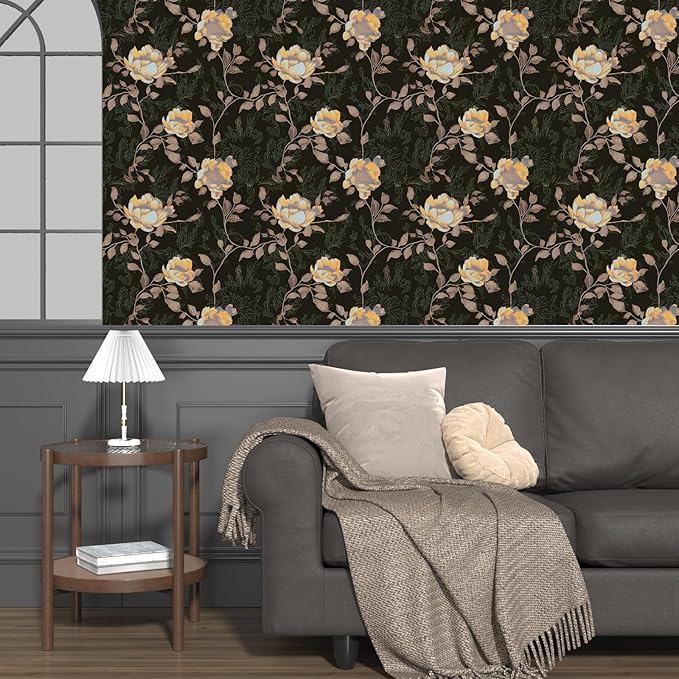Black Orange Floral Peel and Stick Wallpaper Flowers Contact Paper 17.5"x118" Self Adhesive Waterproof Vintage Dark Floral Wall Paper for Shelf Liner Cabinet Decor