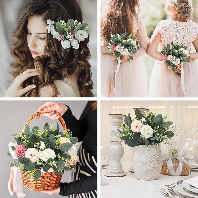 Janinka 90 Pcs Mixed Eucalyptus Leaves Stems Bulk Artificial Eucalyptus Leaves with White Seeds Artificial Silver Dollar Sprays Faux Oval for Floral Wreath Bouquets Wedding Greenery Decoration