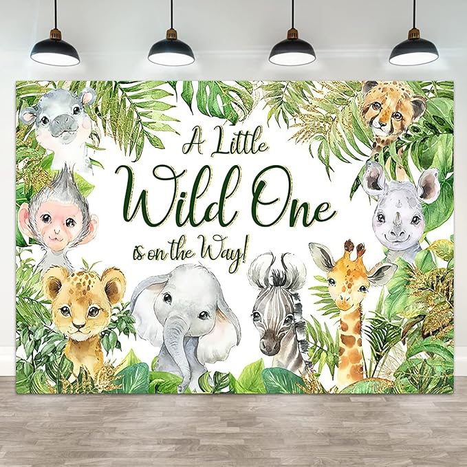 9x6ft Baby Shower Backdrop A Little Wild One is On The Way Photography Background Jungle Animals Tropical Green Leaf Newborn Birthday Party Banner Decorations Gender Reveal Photo Booth Prop