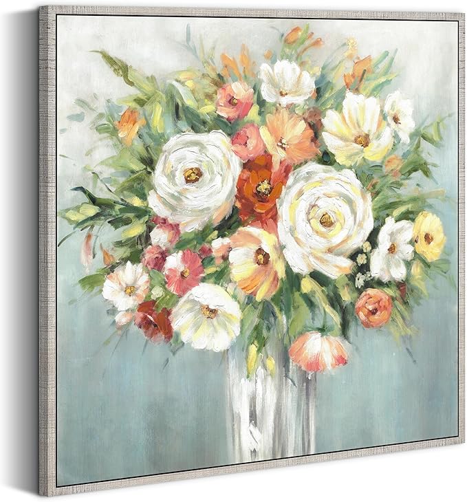 Framed Bouquet Canvas Wall Art - Abstract Elegant Floral Painting Modern Blossom Flower Picture Colorful Rose Artwork Prints for Living Room