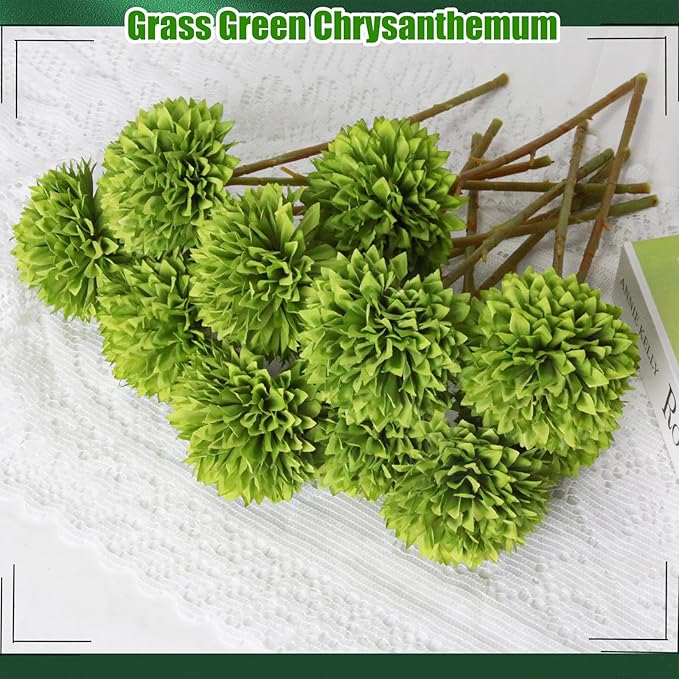Tinsow 12 pcs Artificial Flowers Green Faux Ball Chrysanthemum Bouquet Flowers Wedding Bouquet for Spring Home Garden Party Wedding Decoration St Patricks Day Table Centerpiece