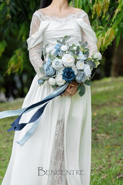 14 Inch Navy Blue Bridal Bouquet,Dusty Blue Wedding Bouquet,Bride Bouquets for Wedding Ceremony Anniversary, Party and French Rustic Vintage Wedding,Artificial Flowers…