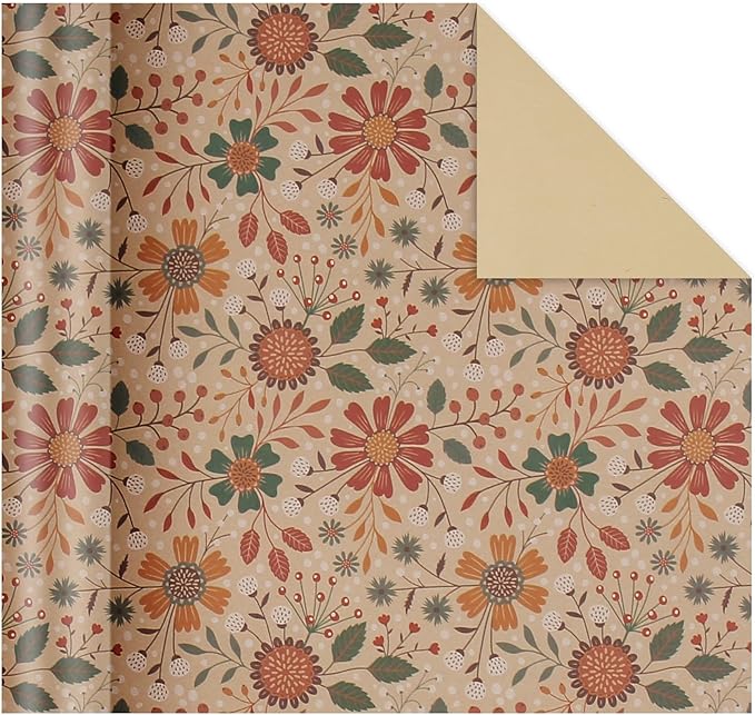 Aimyoo Kraft Floral Wrapping Paper Roll - Mini Roll - 17 Inch x 16.4 Feet - All Occasion Vintage Flower Gift Wrap Paper for Mother's Day Wedding Birthday Bridal Shower