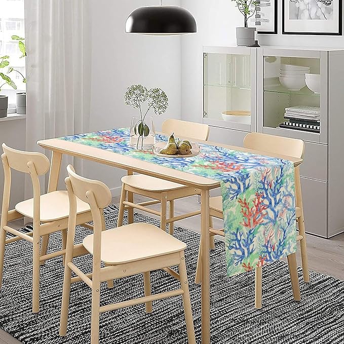 Summer Shell Starfish Table Runner, Seasonal Spring Summer Tropical Ocean Beach Indoor Party Kitchen Outdoor Table Decor 13x60 Inch
