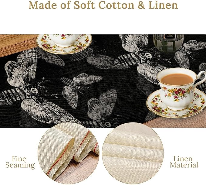 Gothic Moth Table Runner, Boho Gothic Mystical Witchy Skull Retro Farmhouse Coffee Table Center Decor for Home Kitchen Dining Patio Holiday Party Table Decorations 13x36 inches