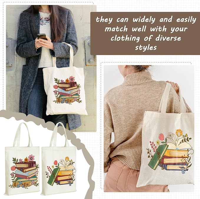 Sweetude 8 Pcs Christmas Book Lovers Club Gifts Bulk Canvas Tote Bags Bookish Librarian Reader Gift for Women Teacher Present(Book)