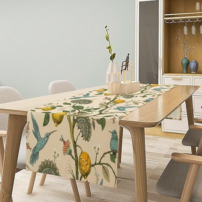 Table Runner with Flowers and Birds, Spring Plant Flowers Table Decoration Linen Table Runner Family Party Party Decorations 13x70 Inches