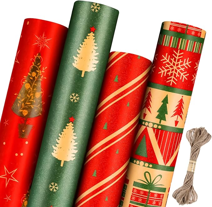 Panigkids Christmas Wrapping Paper(Including Jute Twine), 4 Rolls vintage wrapping paper with Geometric Stripes, Tree & Snowflakes Designs for Christmas Gift Wrap, Thanksgiving & Holiday & Party , 16.9'' x 16.4'