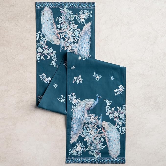 Maison d' Hermine Tablerunners 100% Combed Cotton Premium Table Runner Decorative Table Cover, Home, Kitchen & Camping, Peacock Utopia - Deep Sea, Double Layer - (14.5"x72")