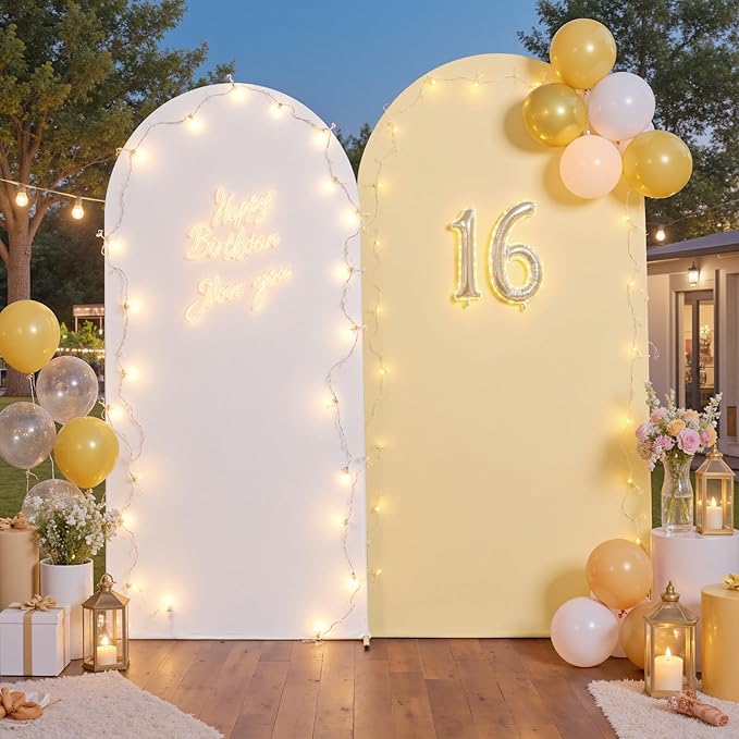 White Beige Arch Backdrop Cover Set of 2-7.2ft 6ft Wedding Arch Covers-Wrinkle Free Stretchy Spandex Fitted Chiara Arch Stand Cover for Birthday Party Baby Shower Photo Photography
