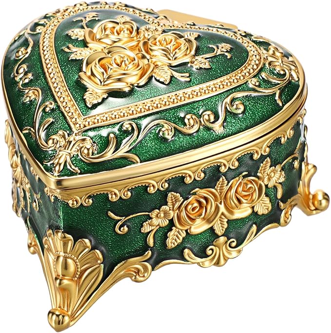 Hipiwe Vintage Jewelry Storage Box Heart Shaped Trinket Box Green Decorative Keepsake Box with Rose Pattern Treasure Organizer Holder for Women