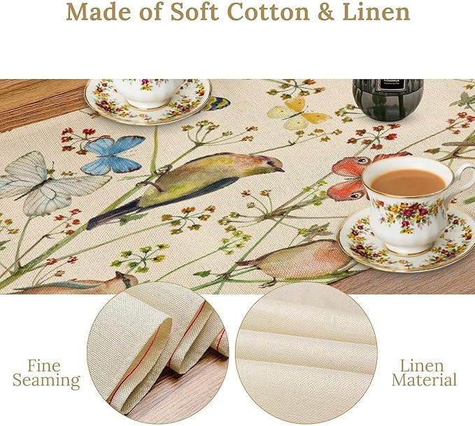 Brown Bird Floral Table Runner Spring Flower Kitchen Table Decoration Suitable for Family Dinner Decoration 13x36 Inch
