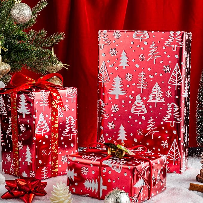 MAYPLUSS Christmas Red Wrapping Paper Roll - 17 Inch X 33 Feet - Luxury Metallic Shiny Red Christmas Tree and Snow Foil Roll Winter Holiday Gift Wrap Sheet for Party, DIY Crafts & Festive Decoration
