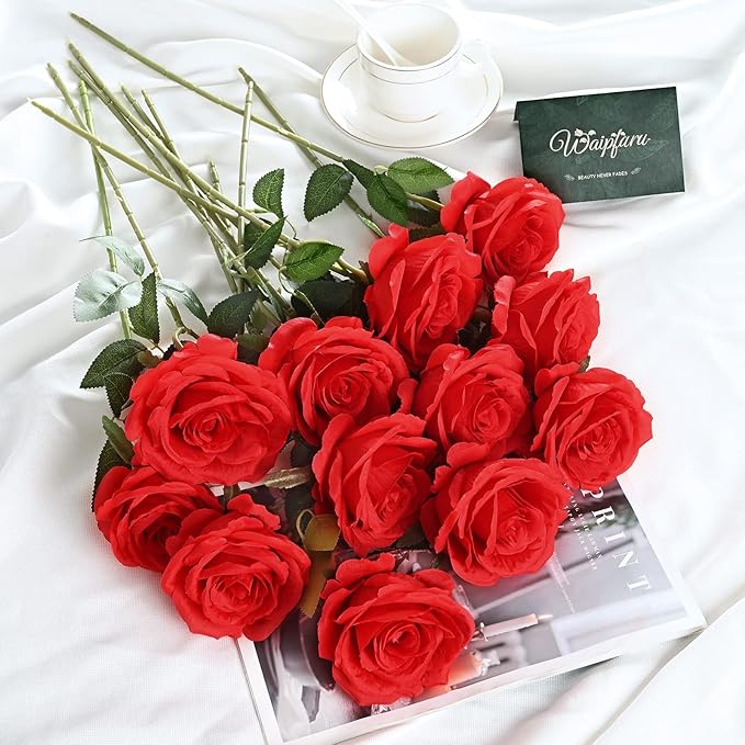 Waipfaru 16 Pcs Artificial Flowers Fake Silk Roses, Faux Real Touch Roses Bouquet with Long Stem for Wedding Party Home Decor (Red)