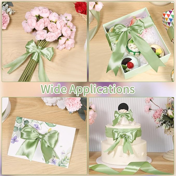 Sage Green Ribbon 1 1/2 Inch 60 Yards Light Green Satin Ribbon Gift Ribbons for Wedding Bridal Shower DIY Crafts Flower Bouquet Birthday Gifts Baskets Decorations