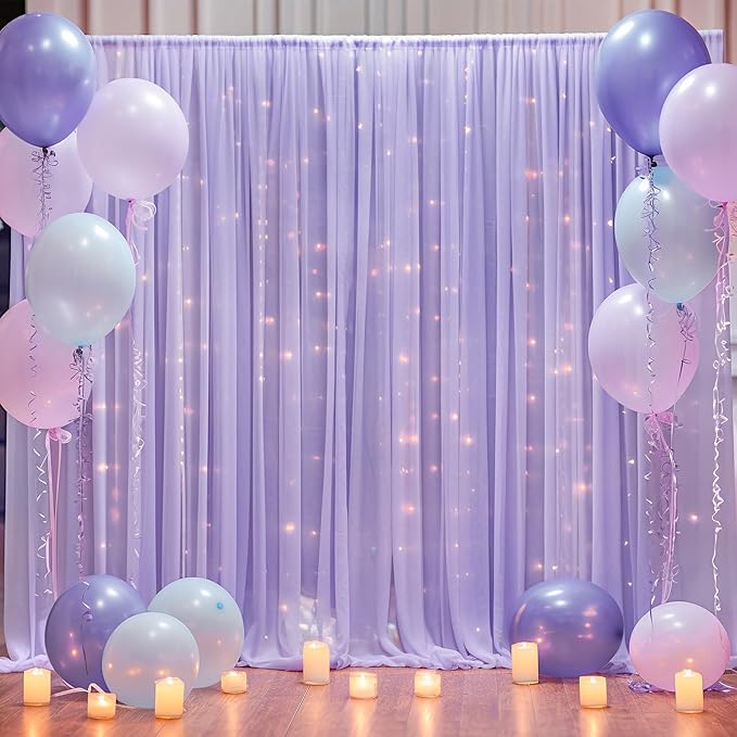 20x10ft Purple Tulle Backdrop Curtain with Lights String for Parites, Sheer Backdrop Curtains for Wedding Baby Shower Birthday Party Photo Shoot Decorations