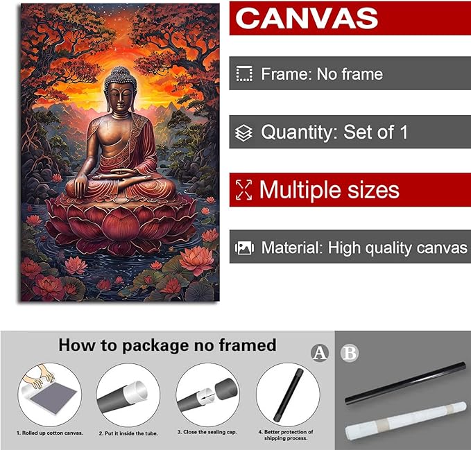 Golden Buddha on lotus seat serene meditation statue amidst lush trees flowing water and sunrise light spiritual home art for a tranquil decor 8x12in Frameless