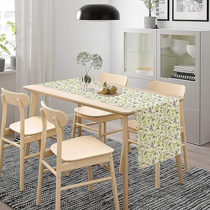 Wildflower Table Runner, Watercolor Green Botanical Flowers Vintage Bohemian Design Table Runner for Kitchen Dining Home Party Home Decor , 13x36 Inch