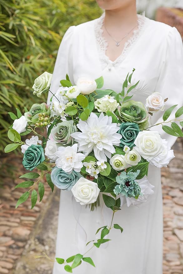 Artificial Flowers Roses Fake Flowers with Stems White Dahlia Artificial Flowers for DIY Bridal Bouquets Faux Flowers Centerpieces for Table Home Decor (White Green)