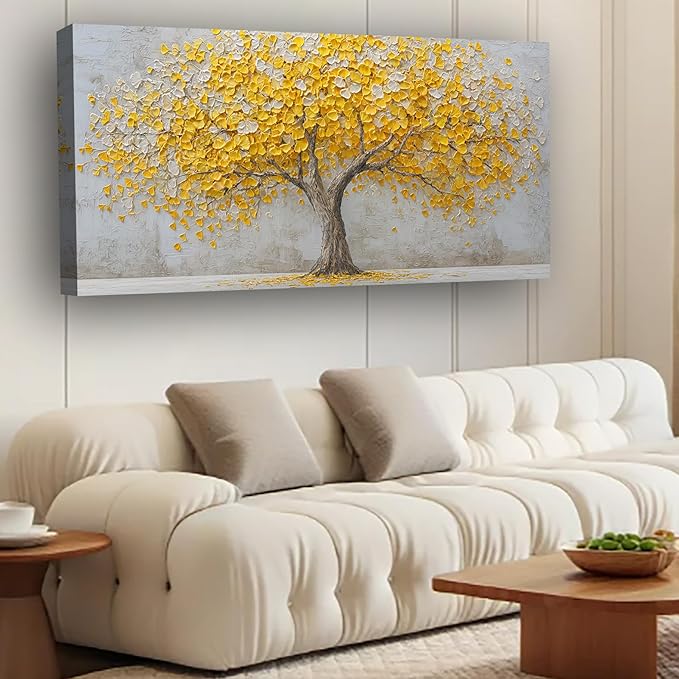 Yellow Abstract Ginkgo Tree Picture Print Canvas Wall Art Living Room Dining Room Office Study Bedroom Wall Decor Wall Art Prints Modern Style Artwork Waterproof Ready to Hang - 20x40 Inch