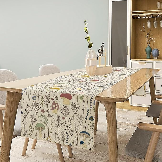 Mushroom Table Runner, Boho Floral Rustic Wildflower Herbs Plants Colorful Botanical Green Leaves Table Runner for Home Party Indoor Outdoor Decor Kitchen Dining Table, 13x60inch