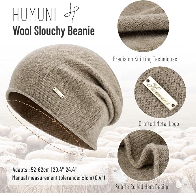 100% Wool Slouchy Beanie, Warm Beanie Hats for Women Breathable Knitting Skull Beanies Cap for Spring Fall Winter