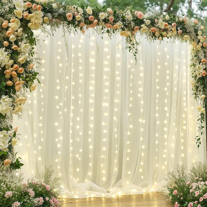 10×10ft Cream White Tulle Backdrop Curtain with Lights String for Parites, Sheer Photo Curtain Backdrop Drapes for Wedding Party Photography Backgrounds
