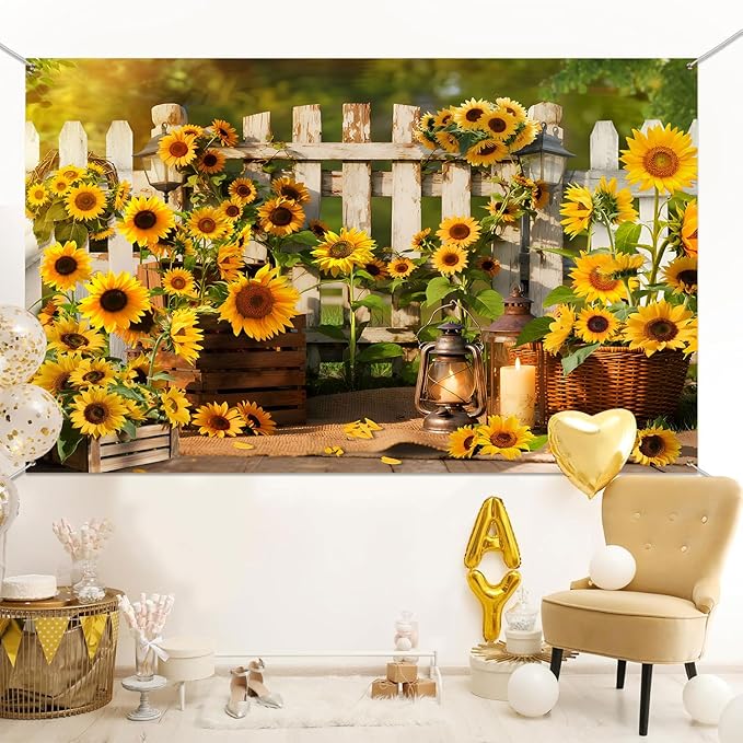 Rustic Sunflowers Backdrop Rustic Wooden Fence Sunflower Floral Photography Background for for Girls Woman Garden Party Banner Decoraitons Portrait Photo Booth Studio Props 7x5ft FU013DX