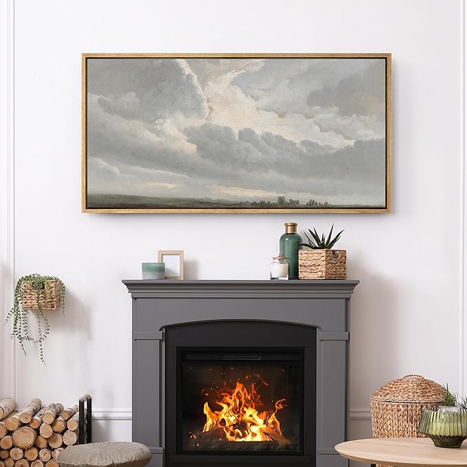 SIGNFORD Extra Large Framed Canvas Print Wall Art Expansive Cloudy Sky Over Landscape Soft Neutral Horizon Scene Illustrations Modern Art Relax/Calm Warm for Living Room, Bedroom, Office - 60"x30"