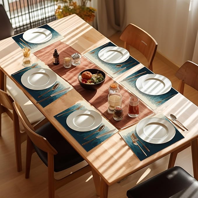 Misty Forest Placemats Set of 6,Washable Heat Resistant 12×18 Inch Linen Table Mats Natural Landscape Place Mats for Party Outdoor Dining Décor