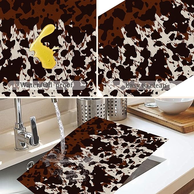 Cow Fur Placemats Set of 6,Washable Heat Resistant 12×18 Inch Linen Table Mats Cow Print Pattern Place Mats for Party Outdoor Dining Décor