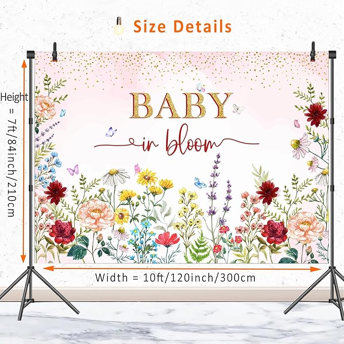 Baby in Bloom Backdrop Wildflower Baby Shower Decorations for Girl,Pink Watercolor Floral Baby in Bloom Baby Shower Party Banner Wild Flower Theme Babyshower Background Photobooth Props 10x7ft