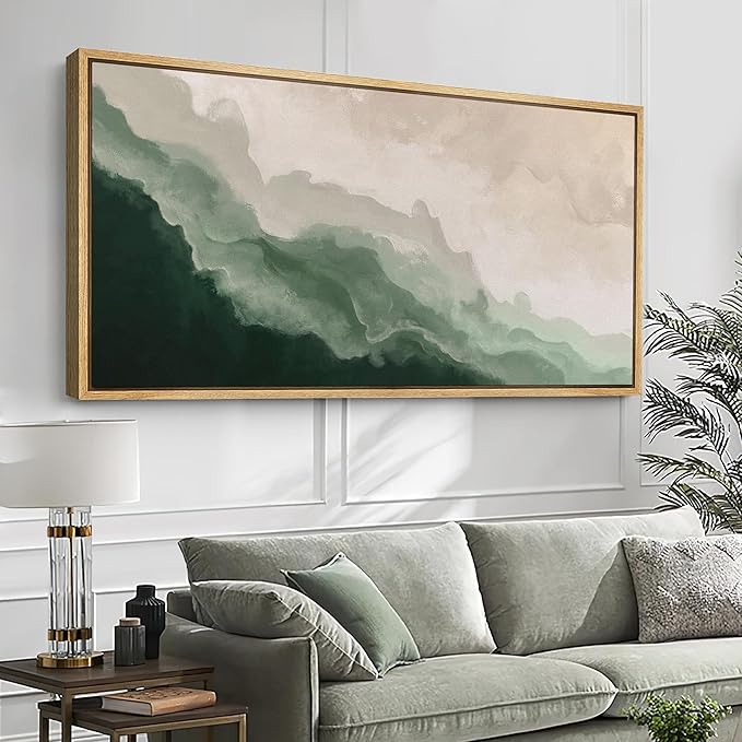 SIGNFORD Extra Large Framed Canvas Print Wall Art Abstract Green Wave Nature-Inspired Illustrations Modern Art Relax/Calm for Living Room, Bedroom, Office - 60"x30"
