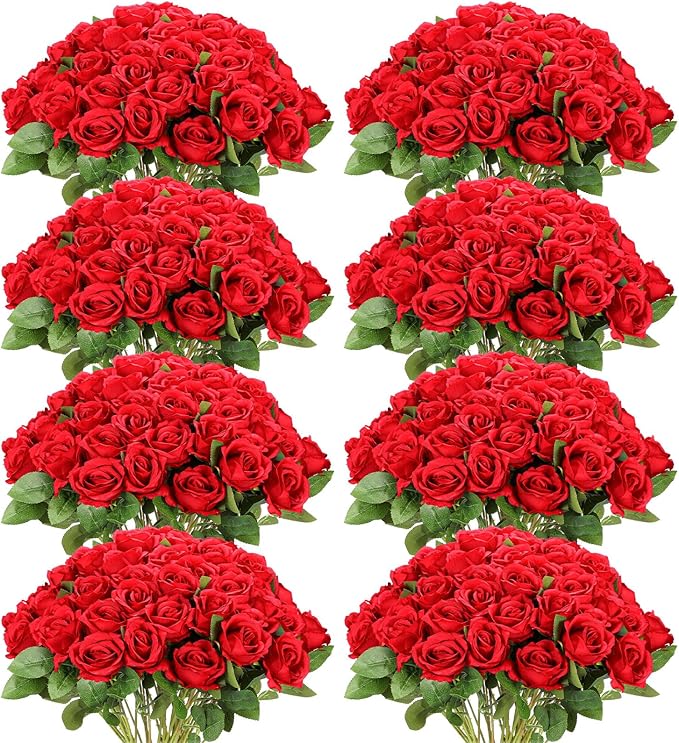 Hotop 120 Pcs Roses Artificial Flowers in Bulk,Long Stem Artificial Flower Bouquet,Silk Real Touch Fake Rose for Wedding Party Table Centerpieces Decor Valentines Gifts(Red)