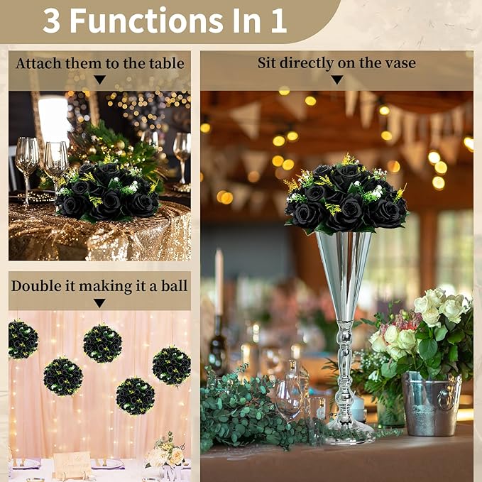 NUPTIO Black Artificial Roses Flowers: 6 Pcs Fake Flower Bouquet Halloween Decorations - 15 Heads Artificial Rose Centerpieces with Base for Gothic Wedding Party Table Decor