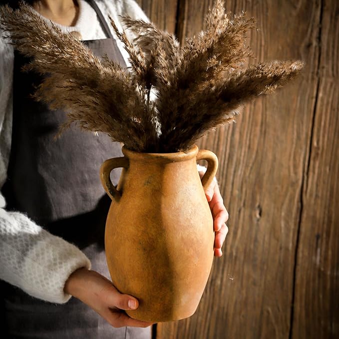 Ceramic Rustic Vase, Vintage Flower Vase with Handle, 9 inch Farmhouse Pottery Flower Vase for Home Decor, Living Room Shelf Decor, Enterway, Table