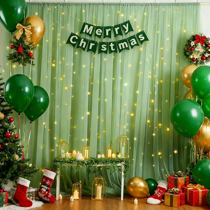 10x10ft Olive Green Tulle Backdrop Curtain with Lights String for Parites, Sheer Backdrop Curtains for Christmas Wedding Baby Shower Birthday Party Photo Shoot Decorations