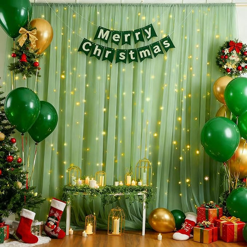 10x10ft Olive Green Tulle Backdrop Curtain with Lights String for Parites, Sheer Backdrop Curtains for Christmas Wedding Baby Shower Birthday Party Photo Shoot Decorations